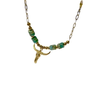 Bohemian gold bull head pendant necklace with green natural stone and beaded chain