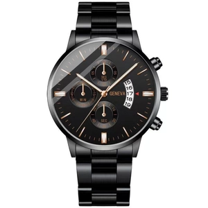 Detail showing Geneva black chronograph watch face with rose gold markers and date display