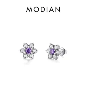 Elegant S925 sterling silver flower stud earrings with purple center and white cubic zirconia