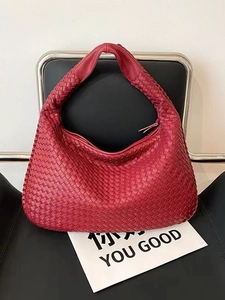 Classic red woven leather hobo shoulder bag with a high-quality textured finish for women