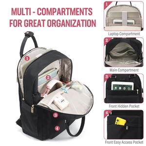 Vista detallada que muestra la organización multi-compartimento de la mochila negra grande