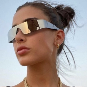 Futuristic rimless silver mirrored shield sunglasses for women with UV400 protection