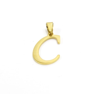 Detailed view of golden stainless steel letter C pendant with vacuum gold plating