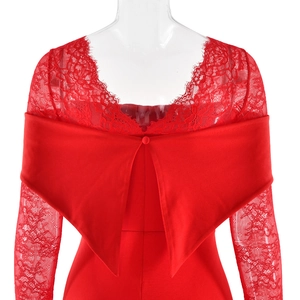 Détail d'une robe de soirée en dentelle rouge avec dos nu élégant et grand nœud décoratif