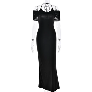 Elegant black halter off-shoulder maxi dress with mesh stitching and slim fit design