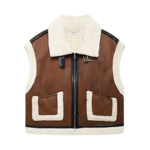 Classic brown faux suede vest with white faux shearling lining and zipper closure