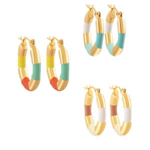 Three pairs of gold-plated bamboo hoop earrings with colorful enamel dopamine accents