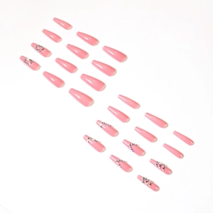 Pink jelly ballet false nails with colorful rhinestones set on white background