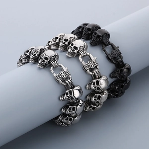 Skull Bracelet 316L Stainless Steel Gothic Punk Rock Halloween Jewelry For Men With Cross Buckle