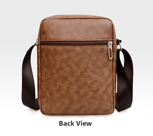 Detailed back view of brown PU leather men's messenger bag with zipper pocket