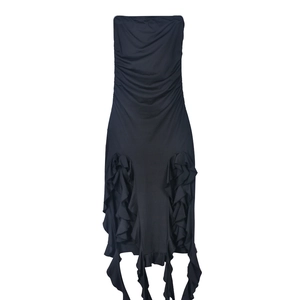 Detail of black tube midi dress featuring elegant layered ruffles and ruched waist fabric