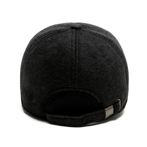 Men's wool blend winter baseball cap with adjustable metal strap and ear protection flaps