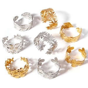 Adjustable 18K gold plated stainless steel irregular open bracelets in leaf and flower designs