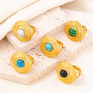 Adjustable 304 stainless steel ring set with round colorful gemstones on stone pedestal