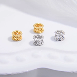 Hollow S925 sterling silver barrel beads with retro coin pattern in gold and silver