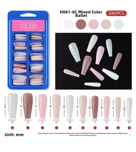 Size chart showing precise dimensions for long ballerina press-on nails in various sizes