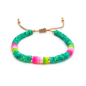 Bohemian multi-layer layered clay heishi bead bracelet with natural pearl and gold accents