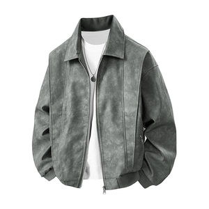 Vintage dark grey faux leather bomber jacket with 3D embroidery and ribbed cuffs