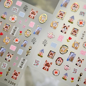 Japanese style cute cat nail stickers M-1205 with metallic gold trim and floral patterns