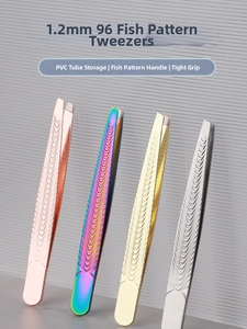 Macro shot of stainless steel tweezers with non-slip fish scale grip and slanted tip edges