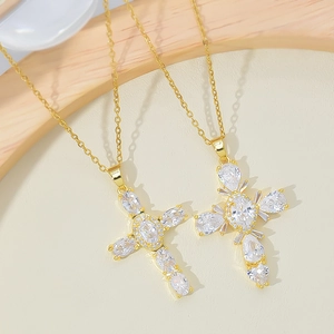 Luxury gold-plated copper cross necklaces with multi-shape zircon inlay for women
