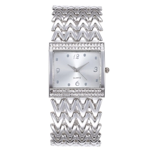 Silver square dial quartz watch for women with rhinestone inlay and V-shaped chain bracelet