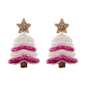 Close-up of handmade beaded Christmas tree earrings with white and pink seed beads