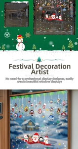 Detailed Christmas window stickers showing Santa Claus, snowman and penguin elements