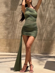 One shoulder ruched dress in army green with elegant long side ribbon detailing
