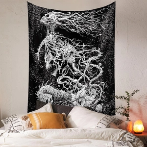 Bohemian black and white skull tapestry for wall hanging in minimalist bedroom decor