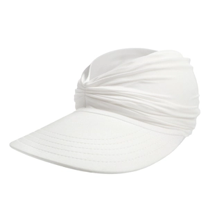 Detail view of white sun visor with ruched knot design and reinforced stitching brim