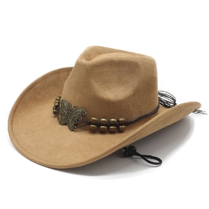 Classic khaki suede cowboy hat featuring a vintage metal butterfly and braided cord detail
