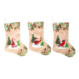 Set of three large Christmas stockings with Santa, snowman and bird prints on white background