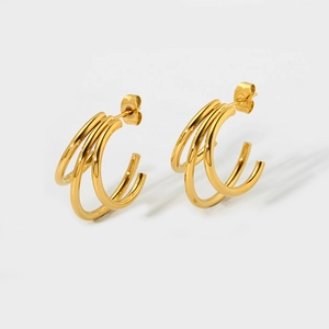 Boucles d'oreilles créoles chic à trois couches en acier inoxydable plaqué or 18 carats