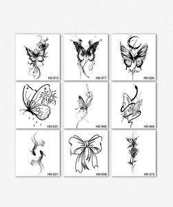 Collection of nine floral and butterfly temporary tattoos with black line art designs