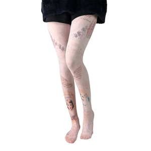 Sheer vintage print pantyhose with classical portrait and angel wing patterns