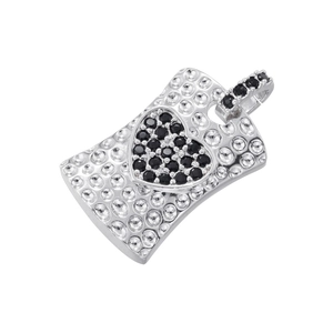 Macro detail of silver rectangle pendant with white crystals and black gemstone heart