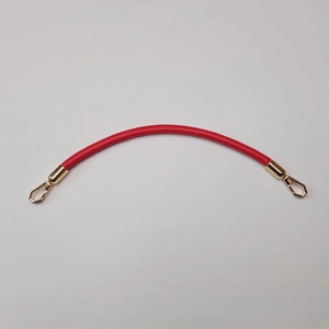 Detail of red leather handbag strap with gold metal buckles on a clean background
