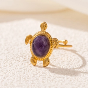 Bohemian gold stainless steel turtle ring with a purple oval gemstone inlay