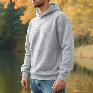 Men's thick gray knit hoodie with textured cable pattern and hood for autumn outdoor wear