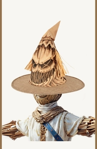 Realistic burlap scarecrow witch hat for Halloween cosplay with straw details