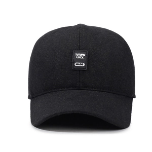 Winter black wool blend baseball cap with ear flaps for men, warm insulated trucker hat