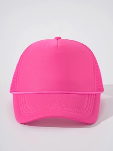 Detail of neon pink trucker hat featuring mesh back and decorative front rope accent
