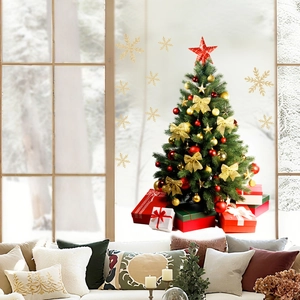 Detailed Christmas tree window stickers with gift boxes and snowflakes in festive colors