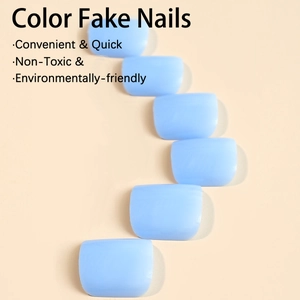 Glossy light blue toe press-on nails set with minimalist design on warm beige background