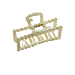 Elegant cream white rectangular pearl hair claw clip with metallic spring for women