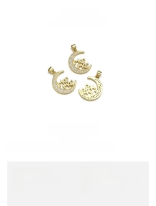 Detail of 18K gold plated copper moon pendant with MAMA lettering and micro-inlay
