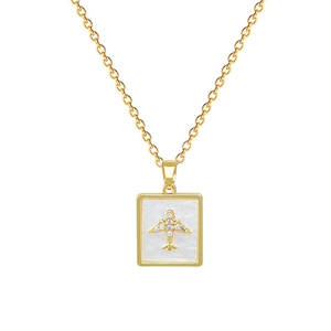 Gold titanium necklace with square white shell pendant and diamond-encrusted airplane