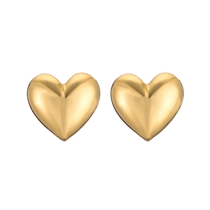 Close-up of minimalist gold heart stud earrings with a smooth polished metallic finish