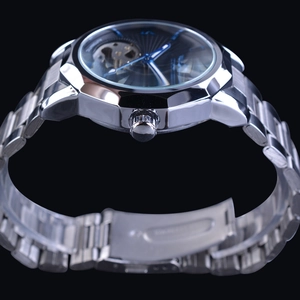 Winner luxury automatic skeleton watch with silver stainless steel band and black dial